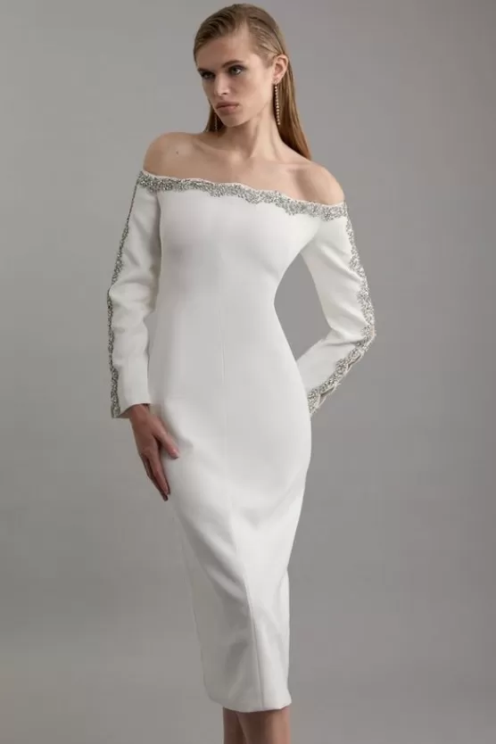 Online Karen Millen Petite Crystal Embellished Scalloped Off The Shoulder Tailored Midaxi Dress ivory