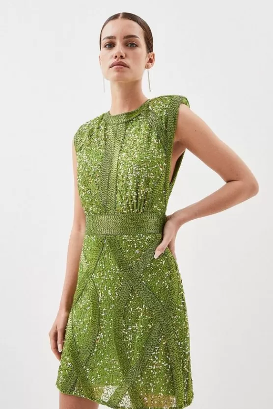 Outlet Karen Millen Petite Crystal Embellished Strong Shoulder Woven Mini Dress green