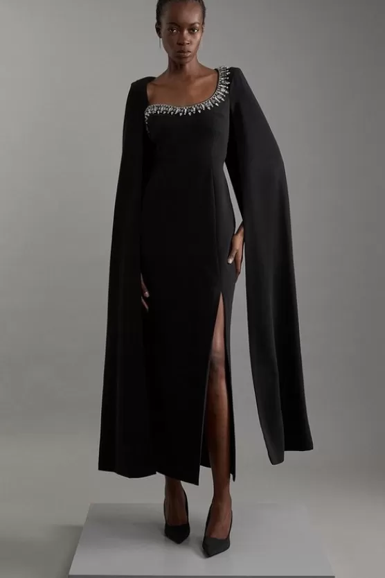 Discount Karen Millen Petite Crystal Embellished Viscose Crepe Woven Cape Maxi Dress black