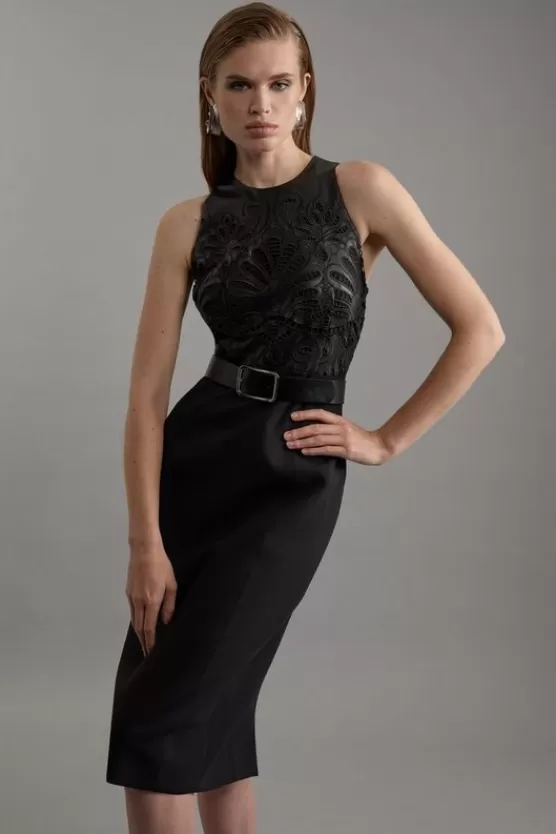 Store Karen Millen Petite Cutwork Pu Halter Neck Tailored Midi Dress black