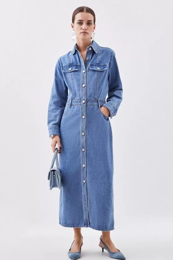 Discount Karen Millen Petite Denim Long Sleeve Midi Shirt Dress midwash