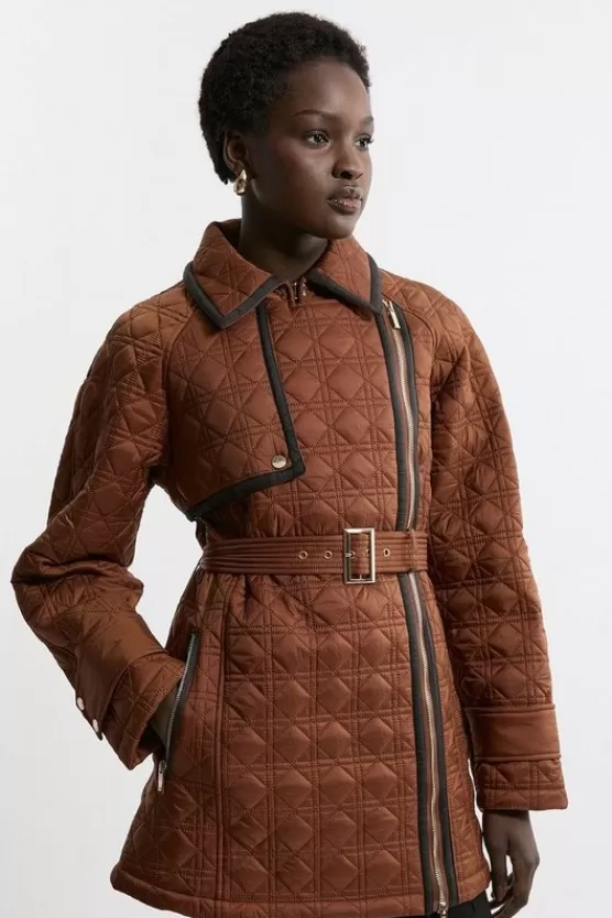Cheap Karen Millen Petite Diamond Quilted Belted Short Puffer Pu Tab Trench Jacket tan