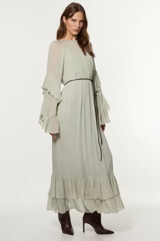 Cheap Karen Millen Petite Drama Kimono Viscose Georgette Woven Maxi Dress With PU Belt sage