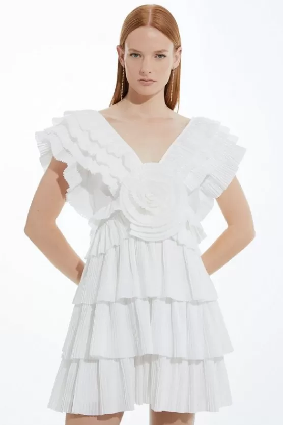 Store Karen Millen Petite Drama Pleat Ruffle Rosette Woven Mini Dress white