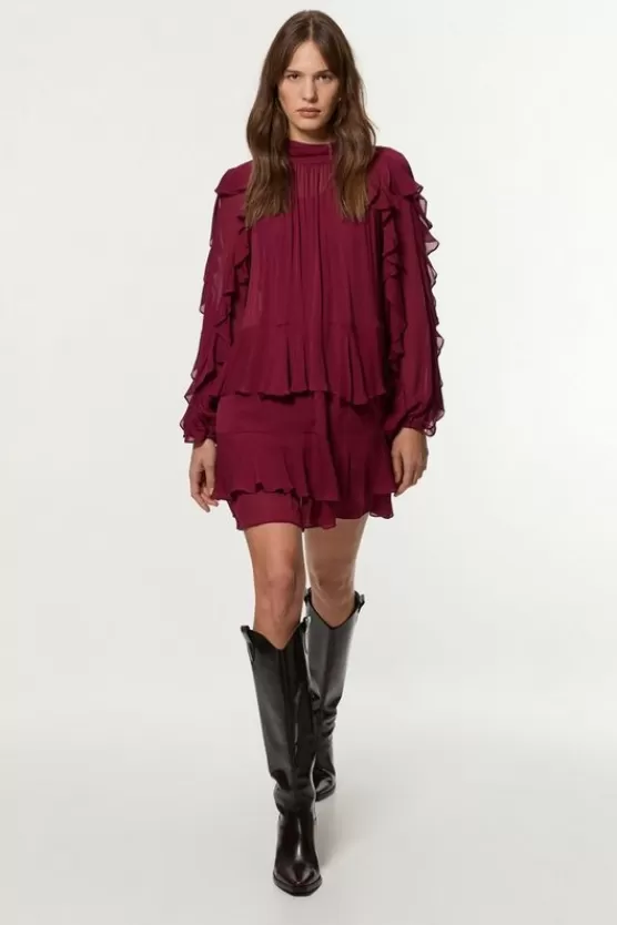 Fashion Karen Millen Petite Drama Ruffle Viscose Georgette Woven Mini Dress berry