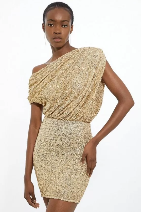 Best Karen Millen Petite Draped One Shoulder Jersey Stretch Sequin Mini Dress gold