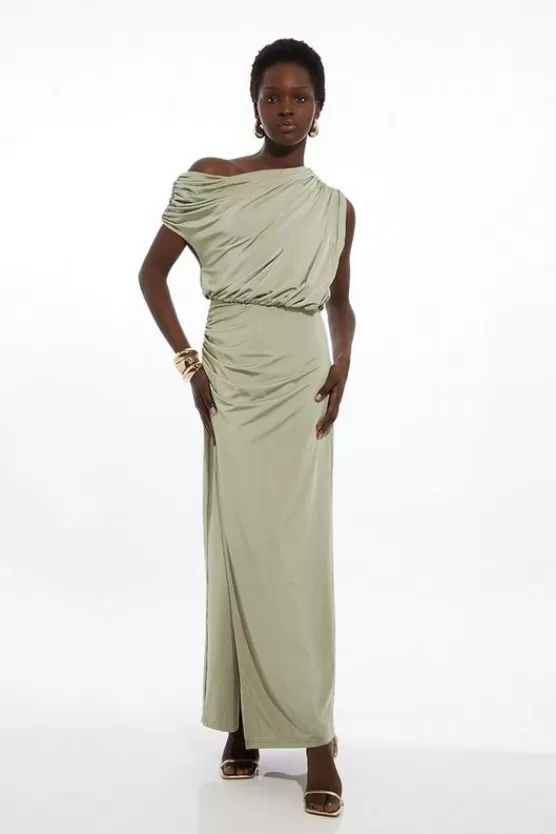 Hot Karen Millen Petite Drapey Slinky Jersey Off The Shoulder Maxi Dress sage