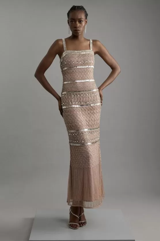 Hot Karen Millen Petite Embellished And Beaded Strappy Maxi Dress nude