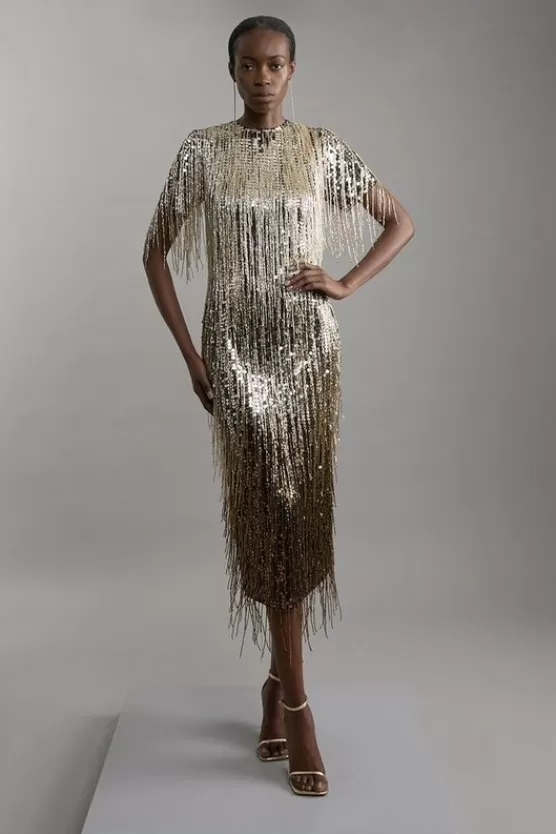 Fashion Karen Millen Petite Embellished And Beaded Tassel Woven Maxi Dress gold