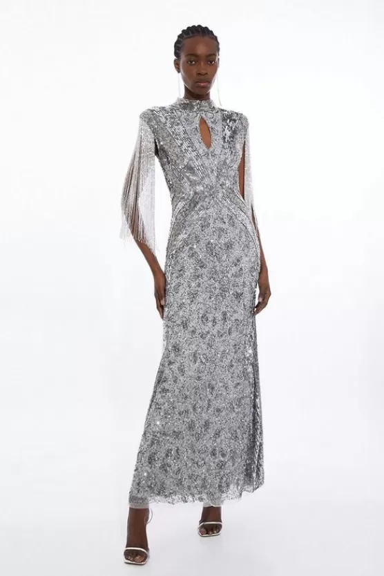 Best Karen Millen Petite Embellished Beaded Cap Sleeve Woven Maxi Dress silver