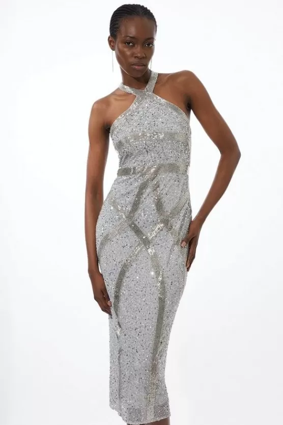 Online Karen Millen Petite Embellished Woven Halter Midi Dress silver