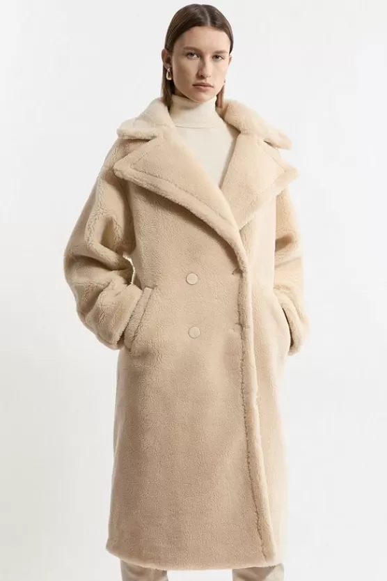 New Karen Millen Petite Faux Fur Teddy Longline Coat cream