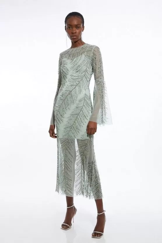 Shop Karen Millen Petite Feather Crystal Embellished Maxi Dress sage