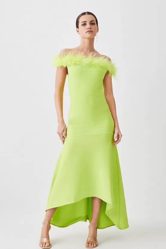 Fashion Karen Millen Petite Feather Detail Bandage Off The Shoulder Midaxi Dress lime