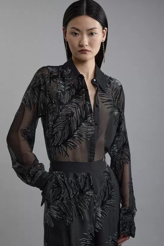 Hot Karen Millen Petite Feather Devore Woven Shirt black