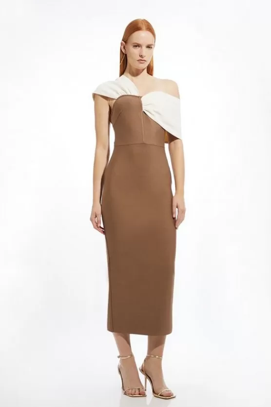 Fashion Karen Millen Petite Figure Form Bandage Asymmetric Strap Midi Dress taupe