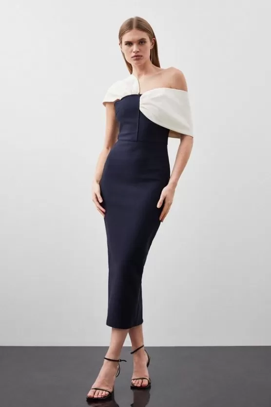 Outlet Karen Millen Petite Figure Form Bandage Asymmetric Strap Midi Dress navy