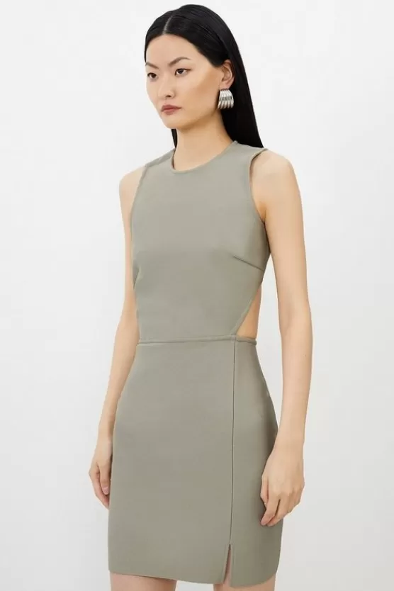 New Karen Millen Petite Figure Form Bandage Cut Out Detail Knit Mini Dress khaki