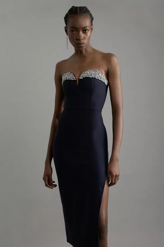 Store Karen Millen Petite Figure Form Bandage Embellished Corset Style Knit Midi Dress navy