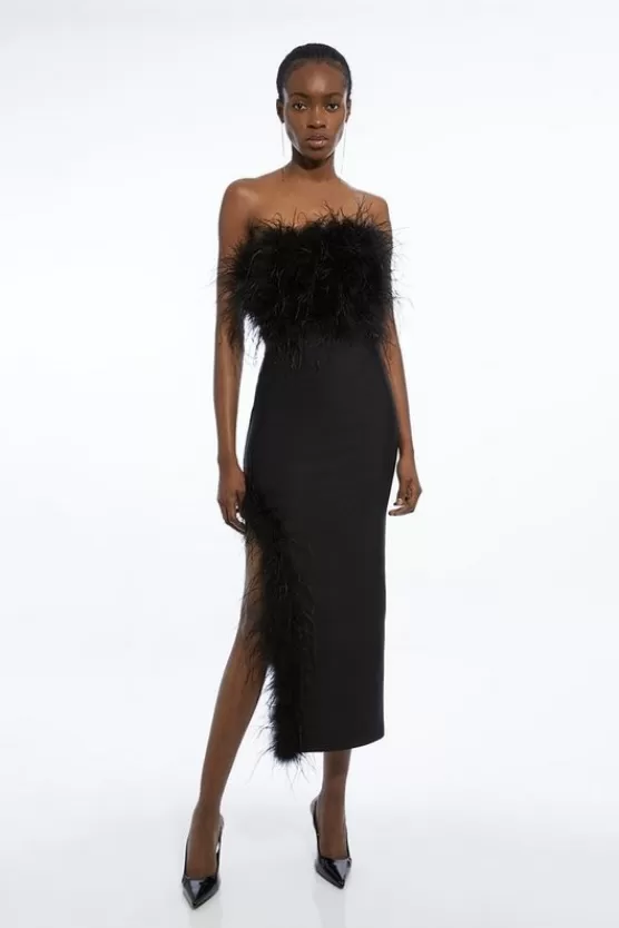 Sale Karen Millen Petite Figure Form Bandage Feather Detail Bandeau Knit Midi Dress black