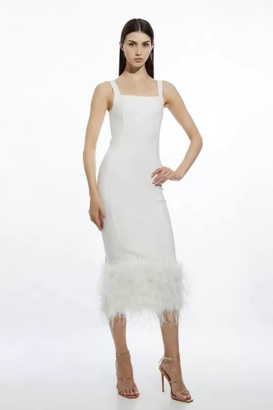 Store Karen Millen Petite Figure Form Bandage Feather Hem Knit Midi Dress ivory