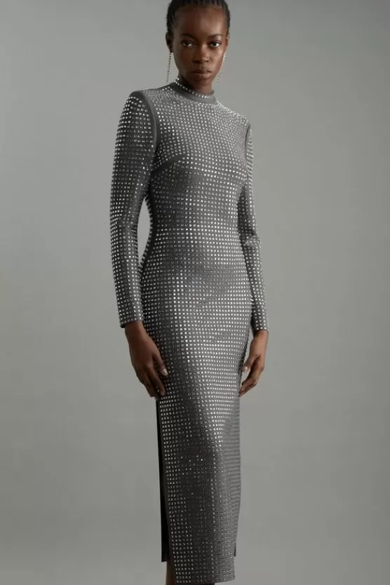 Flash Sale Karen Millen Petite Figure Form Bandage Knit All Over Embellished Maxi Dress darkgrey
