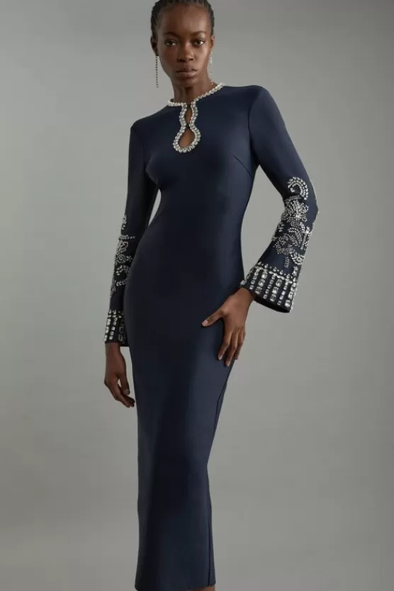 Best Karen Millen Petite Figure Form Bandage Knit Embellished Wide Sleeve Midaxi Dress navy