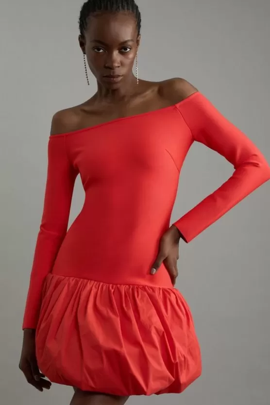 Sale Karen Millen Petite Figure Form Bandage Knit Structu Puff Ball Mini Dress red