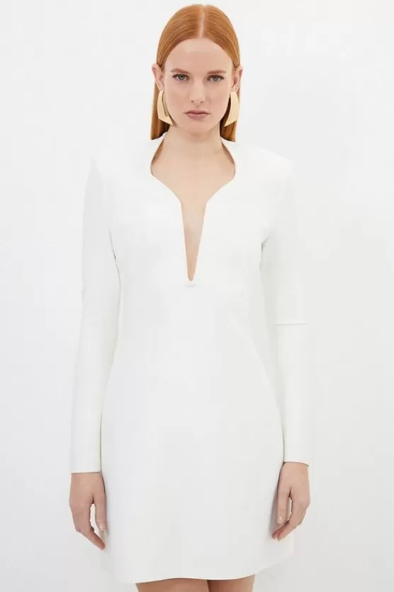 Sale Karen Millen Petite Figure Form Bandage Plunge Neck Knit Mini Dress cream