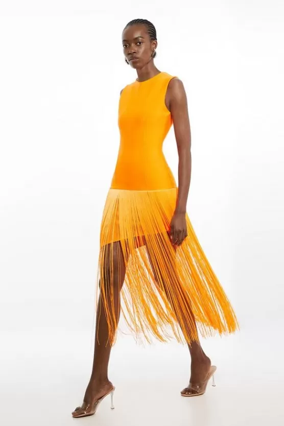 New Karen Millen Petite Figure Form Bandage Tassel Asymmetric Dress orange