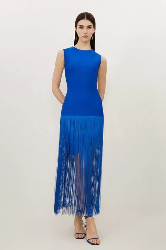 New Karen Millen Petite Figure Form Bandage Tassel Asymmetric Dress cobalt