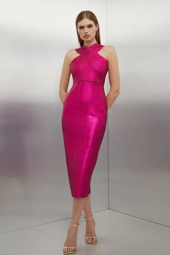 Sale Karen Millen Petite Figure Form Foiled Bandage Cross Front Midi Dress pink