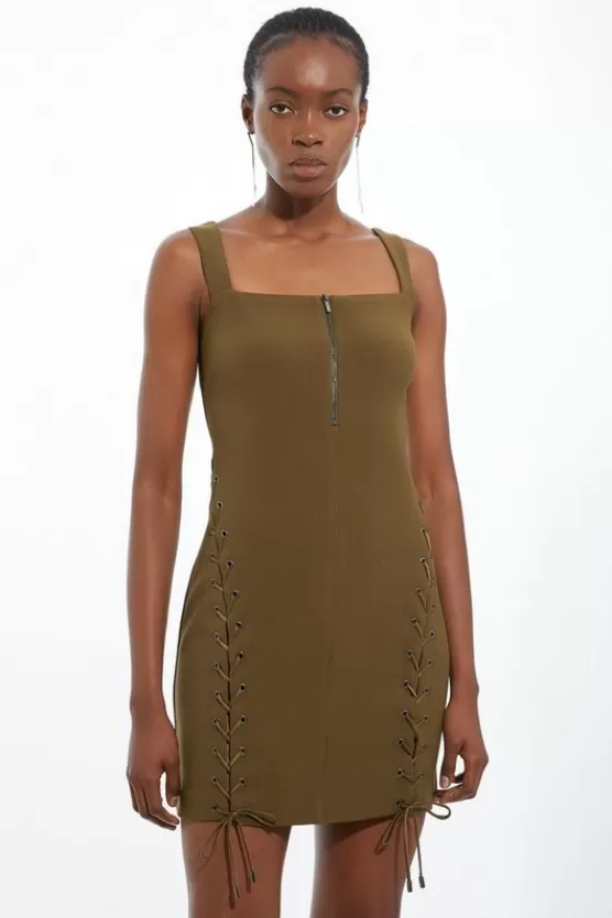 Cheap Karen Millen Petite Figure Form Laced Detail Woven Mini Dress olive