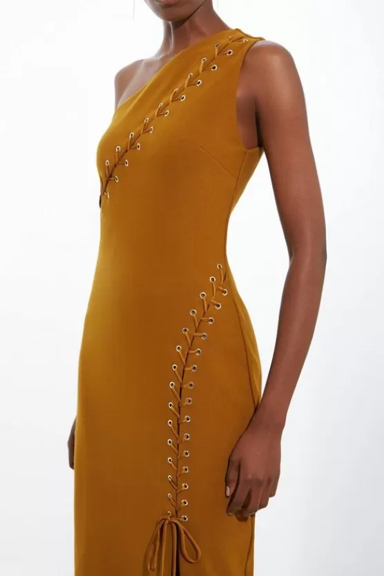 Store Karen Millen Petite Figure Form Laced Detail Woven One Shoulder Midi Dress caramel