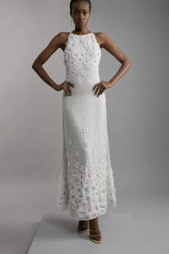 Cheap Karen Millen Petite Floral Applique Crystal Beaded Woven Halter Maxi Dress ivory
