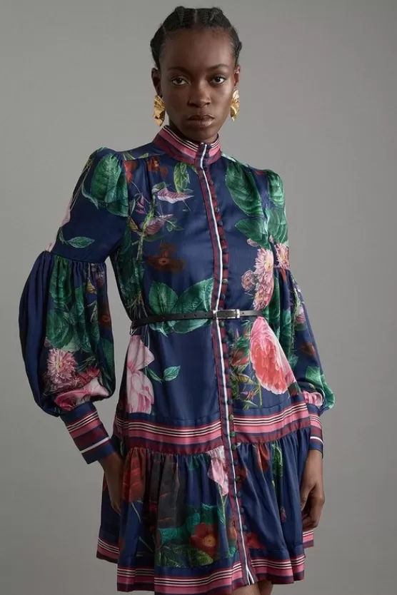 Store Karen Millen Petite Print Woven Balloon Sleeve Belted Midi Dress floral