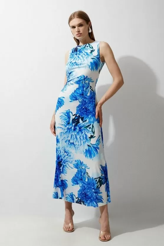 Sale Karen Millen Petite Floral Printed Drapey Jersey Maxi Dress blue