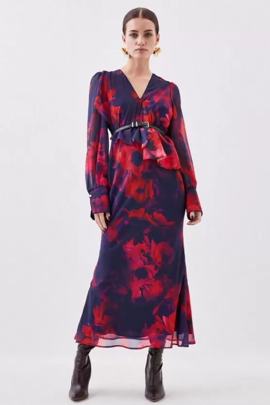 Clearance Karen Millen Petite Printed Georgette Belted Woven Maxi Dress floral