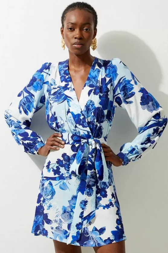Cheap Karen Millen Petite Floral Printed Morocain Woven Wrap Mini Dress blue