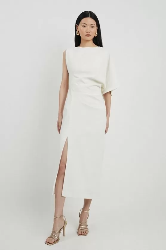 Shop Karen Millen Petite Fluid Tailored Asymmetric Sleeve Midi Dress ivory