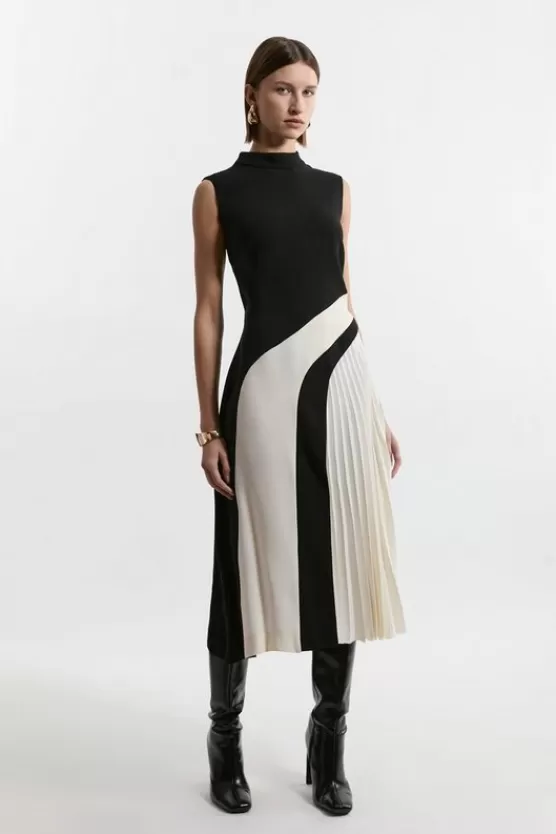 Sale Karen Millen Petite Fluid Tailored Color Block High Neck Pleated Midi Dress mono