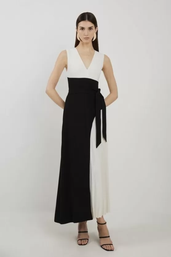 Shop Karen Millen Petite Fluid Tailored Color Block Side Pleated Midi Dress mono