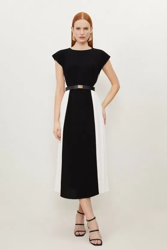 Shop Karen Millen Petite Fluid Tailored Contrast Pleated Panel Skirt Midi Dress mono
