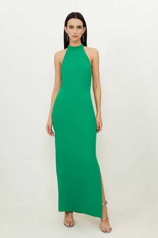 New Karen Millen Petite Fluid Tailored Halterneck Open Back Maxi Dress green