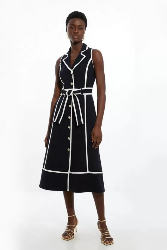 Best Sale Karen Millen Petite Fluid Tailored Sleeveless Belted Contrast Tipped Midaxi Shirt Dress navy