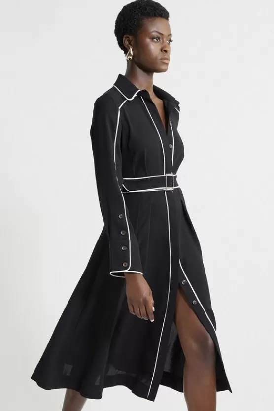 Best Sale Karen Millen Petite Fluid Tailored Tipped Belt Detailed Midi Shirt Dress black