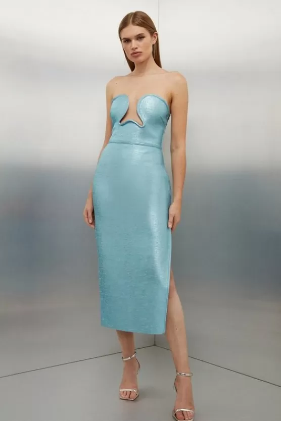 Best Sale Karen Millen Petite Foiled Figure Form Bandage Corset Detail Knit Midi Dress paleblue