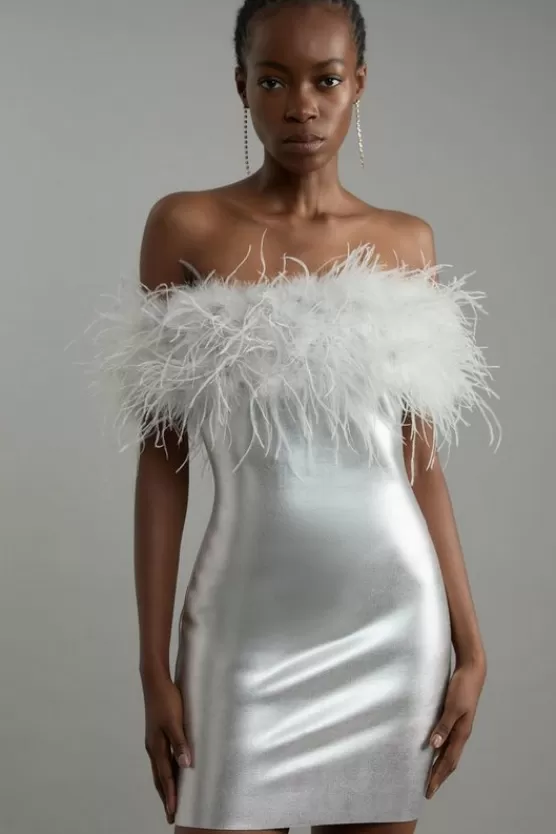 Hot Karen Millen Petite Foiled Figure Form Bandage Knit Feather Off The Shoulder Mini Dress silver