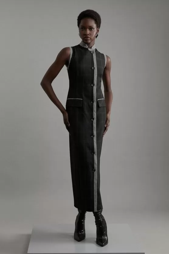 Best Karen Millen Petite Formal Tailored Sleeveless Check Fitted Maxi Dress multi