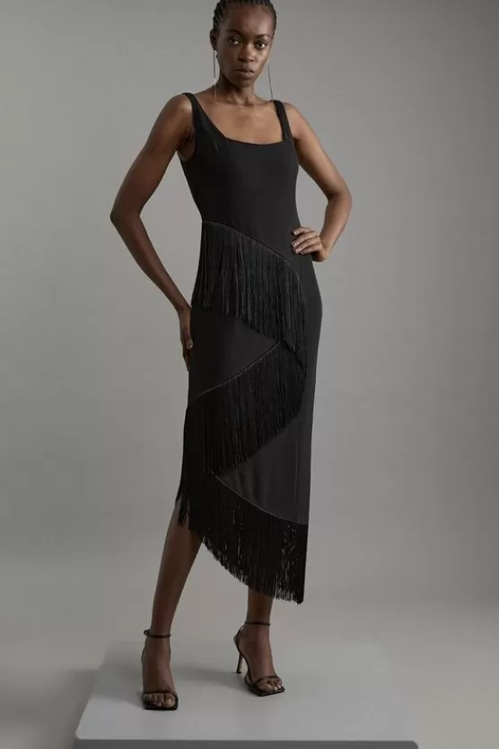 Hot Karen Millen Petite Fringe Tassel Drape Tailored Pencil Midi Dress black